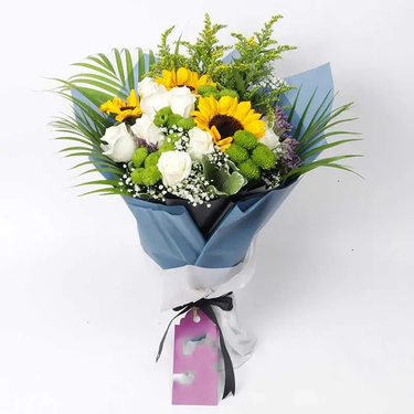 Charisma Bouquet, Sunflowers, White Roses, Green Button Chrysanthemums, Solidaster,